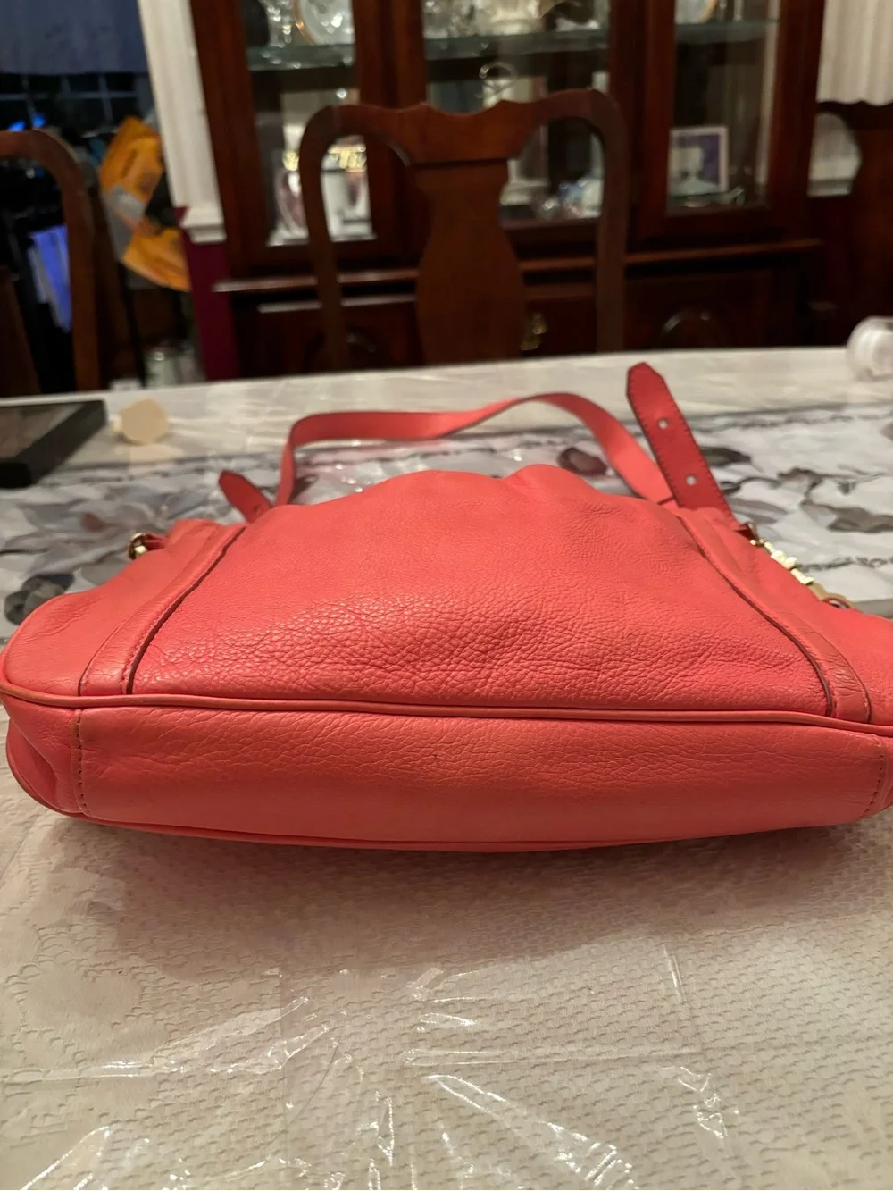 Tory Burch Coral Pink Leather Shoulder Bag with Logo Accent and Adjustable Strap